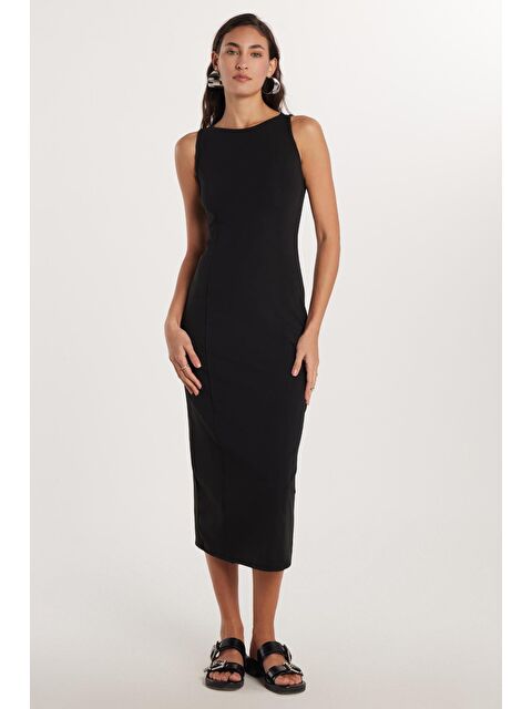 TUDORS Kadın Slim Fit Dar Kesim Askılı Bisiklet Yaka Siyah Elbise - S000520464-19351