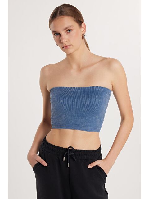 TUDORS Kadın Slim Fit Dar Kesim Straplez Dikişsiz İndigo Crop Atlet