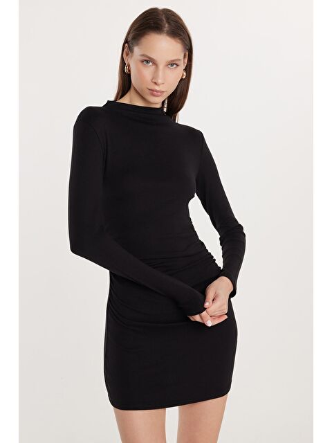 TUDORS Kadın Modal Kumaş Standart Fit Uzun Kollu Bisiklet Yaka Siyah Elbise - S000520466-19351