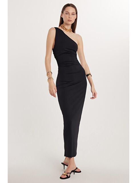 TUDORS Kadın Slim Fit Dar Kesim Tek Omuz Uzun Siyah Elbise - S000520469-19351