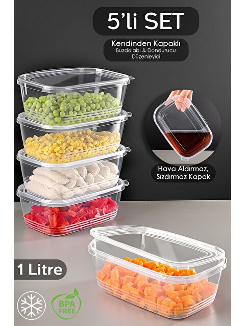 Meleni Home 5 Adet Sızdırmaz Kendinden Kapaklı Derin Dondurucuya Uygun Saklama Kabı Hava Almaz Düzenleyici 1lt - S000382836-26865