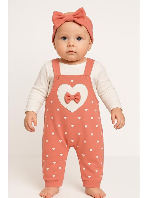 Kidex's Kız Bebek Kalpli Fiyonk Detaylı Askılı Tulum Takım