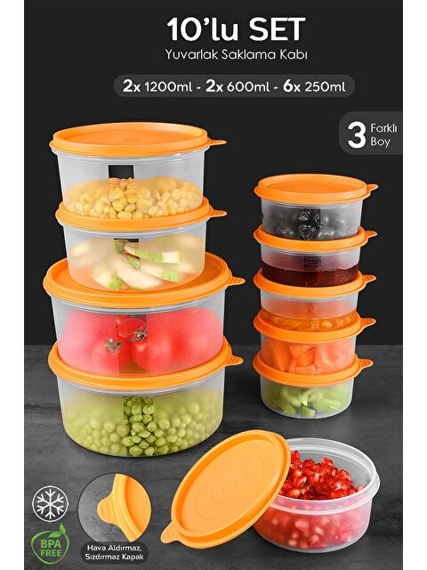 Meleni Home 10'lu Yuvarlak Gıda Saklama Kabı Seti 6x250 2x600 2x1200 ml Turuncu - S000382838-20013