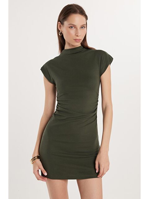 TUDORS Kadın Modal Kumaş Standart Fit Truvakar Kol Bisiklet Yaka Haki Elbise - S000520472-18547