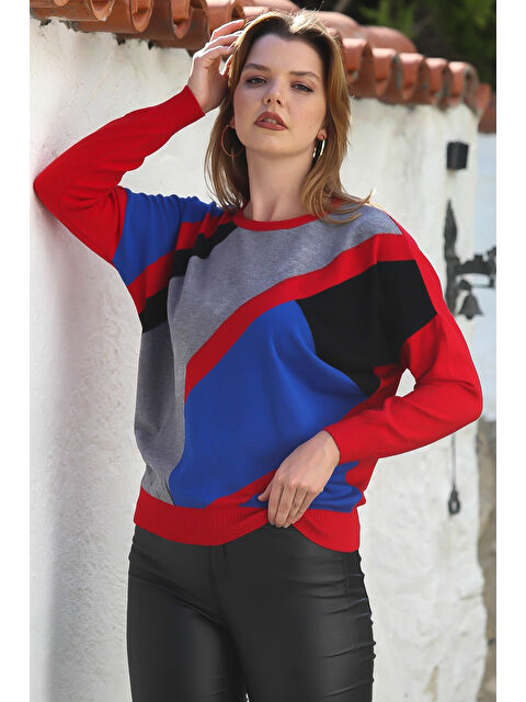 Chiccy Kırmızı Havuz Yaka Uzun Kol Bloklu Casual Triko Kazak 65 60 - S000469060-20045