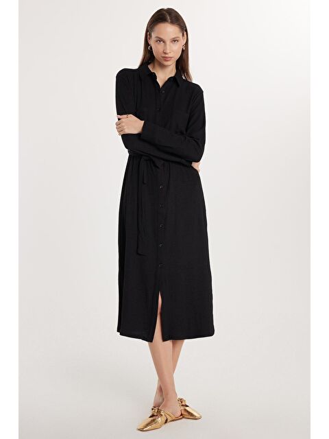 TUDORS Kadın Regular Fit Uzun Kollu Bağlamalı Klasik Yaka Cepli Uzun Siyah Elbise - S000520473-19351