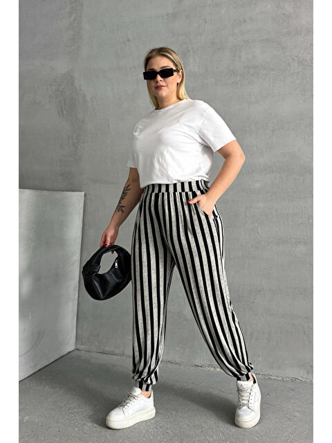 Stil Diva Büyük Beden Beli ve Paçası Lastikli Çizgili Cepli Pantolon 89-70 - S000338099-37430