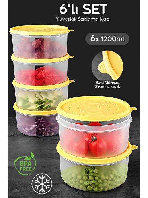 Meleni Home 6'lı Yuvarlak Gıda Saklama Kabı Seti 6x1200 ml Sarı - S000382848-20072