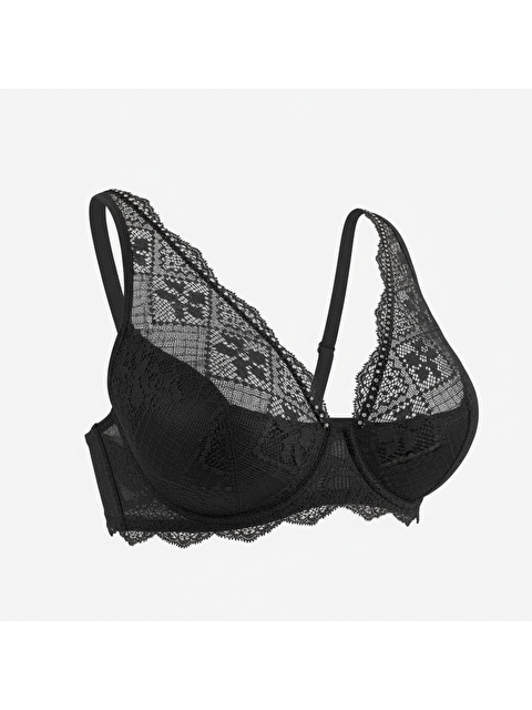 Bonbon Kadın Taş Baskılı Dantelli Toparlayacı Siyah Renk Sütyen Bb2420