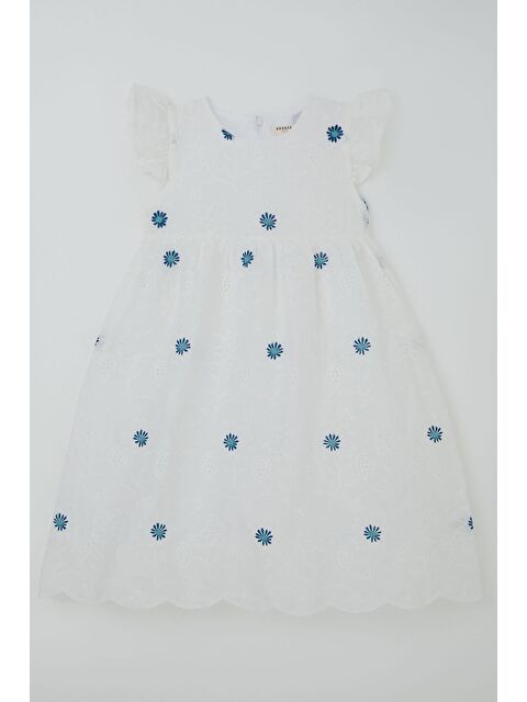 Breeze Kız Çocuk Elbise Çiçek Nakışlı Arkası Fermuar Detaylı Beyaz (6-12 Yaş)