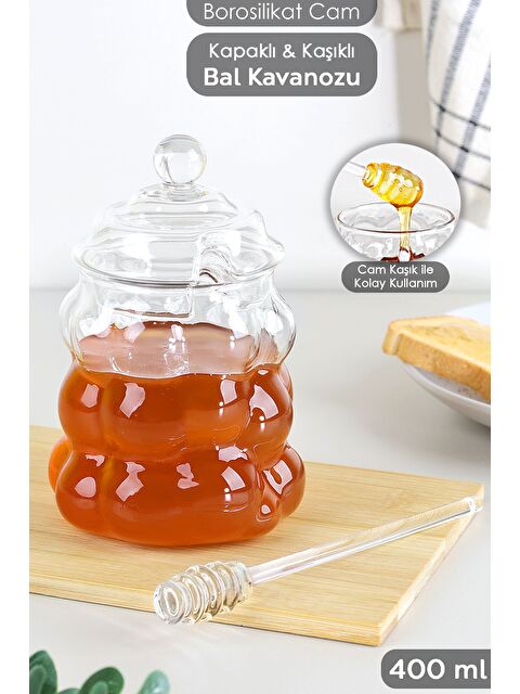 Meleni Home Kaşıklı Borosilikat Cam Bal Kavanozu Kapaklı Boncuk Şekilli Reçellik Bal Reçel Kavanozu 400 ml - S000387420-26865