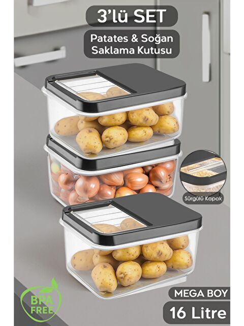 Meleni Home 3lü 16 Litre Sürgülü Kapak Sebzelik Patates Soğan Saklama Kabı Erzak Saklama Kabı Antrasit - S000387421-29666