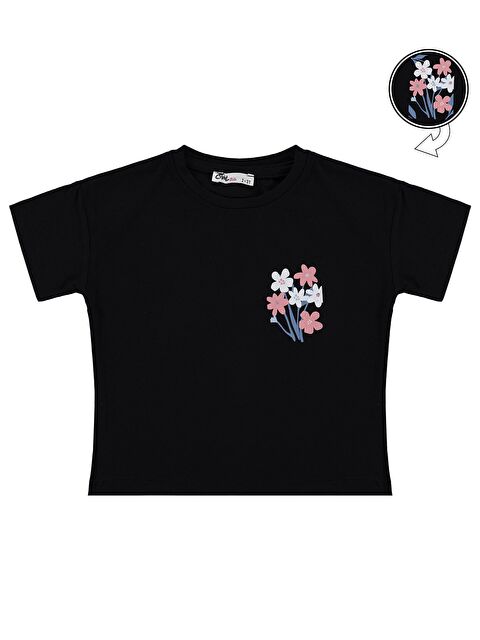 Civil Girls Renkli Çiçek Baskılı 2-5 Yaş Tişört - Siyah