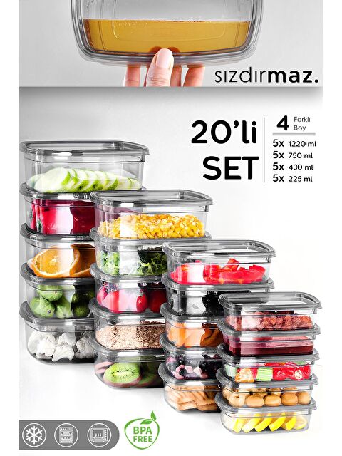 Meleni Home 20 li Sızdırmaz Saklama Kabı Seti Düzenleyici Organizer Erzak Kabı 5x 225 430 750 1220 ml Antrasit - S000382854-29666