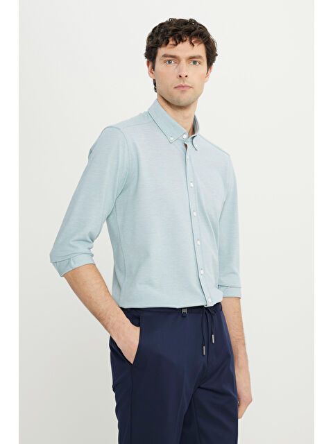 Altınyıldız Classics Erkek Petrol 360 Her Yöne Esneyen Pamuklu Dar Kesim Düğmeli Yaka Örme Gömlek - S000512242-20019