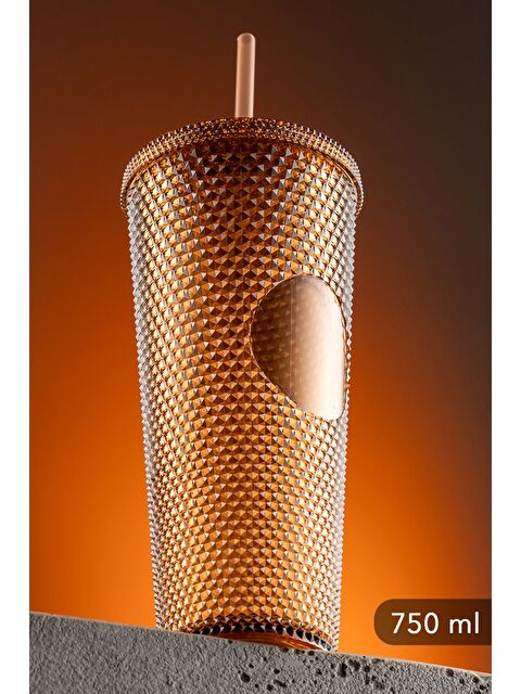 Meleni Home Kristal Görünümlü Kahve Bardağı Pipetli Soğuk Sıcak İçecek Seyahat Bardağı 750 Ml Kahverengi - S000387426-19413