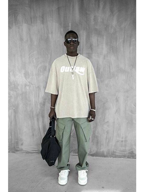 Abluka Online Erkek Yıkamalı Yumuşak Dokulu Oversize Tişört Açık Bej - S000365685-19927