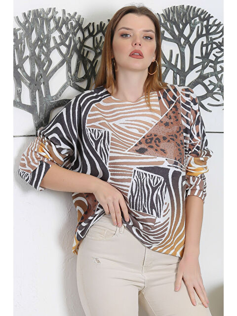 Chiccy İtalyan Çok Renkli Yuvarlak Yaka Uzun Kol Bağlamalı Dijital Baskılı Casual Triko Bluz - S000468874-23173