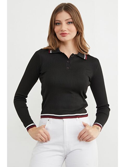 Fullamoda Çizgili Fitilli Polo Yaka Yarım Düğmeli Triko Kazak - S000471301-19351