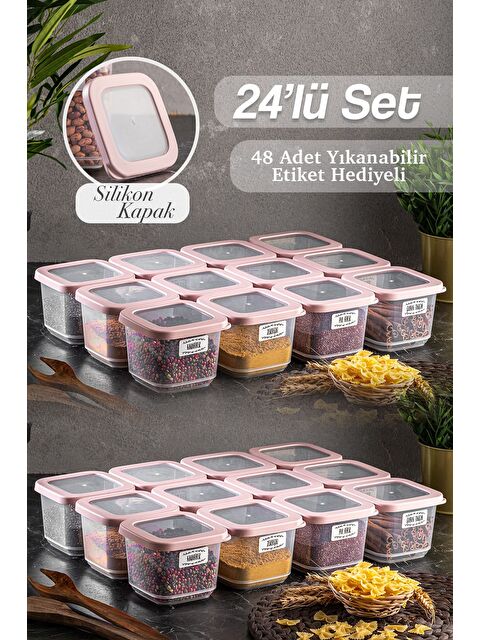 Meleni Home 24'lü Rosie Küçük Boy Silikon Kapaklı Kare Erzak Saklama Kabı Seti 24x 500 ml Baharatlık Seti - S000382862-20024