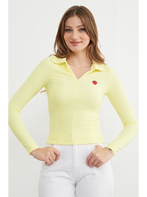 Fullamoda Çilek Nakışlı Polo Yaka Yarım Fermuarlı Bluz - S000473608-20072