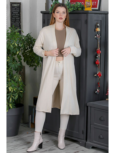 Chiccy İtalyan İtalyan Bej Kimono Yaka Uzun Kol Kapamasız Casual Triko Hırka - S000360101-19928