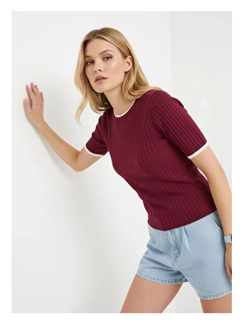 carla10 Fitilli Kısa Kollu Biyeli Triko Bluz Bordo - S000519070-19951