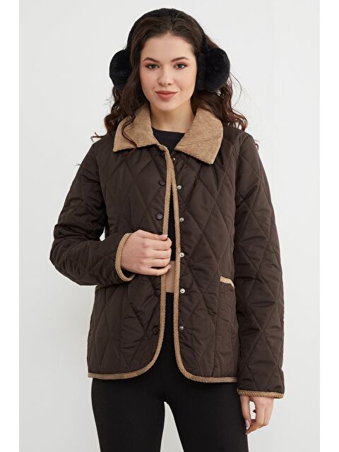 Fullamoda Kadife Detaylı Polo Yaka Kapitone Mont - S000482012-19413