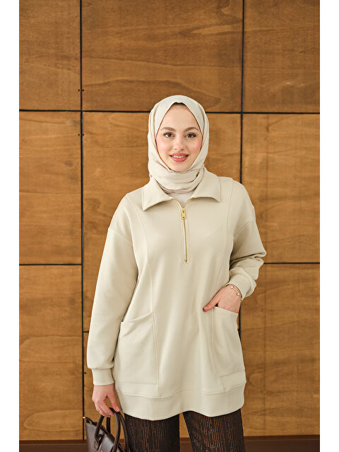 Locco Moda Kadın Cep Ve Yaka Detay Yarım Fermuarlı Sweat Krem - S000494470-19966
