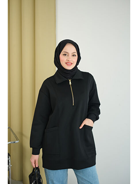 Locco Moda Kadın Cep Ve Yaka Detay Yarım Fermuarlı Sweat Siyah - S000494470-19351