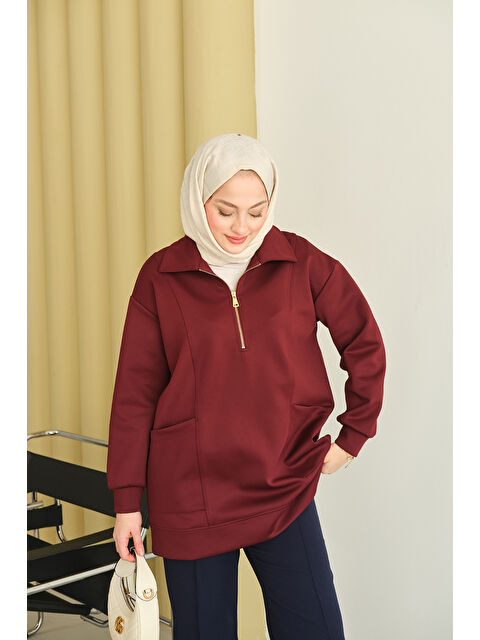 Locco Moda Kadın Cep Ve Yaka Detay Yarım Fermuarlı Sweat Bordo - S000494470-19951