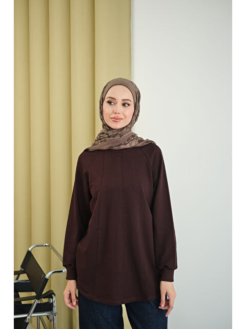 Locco Moda Kadın Dikiş Detaylı Bisiklet Yaka Sweat Kahverengi - S000494467-19413