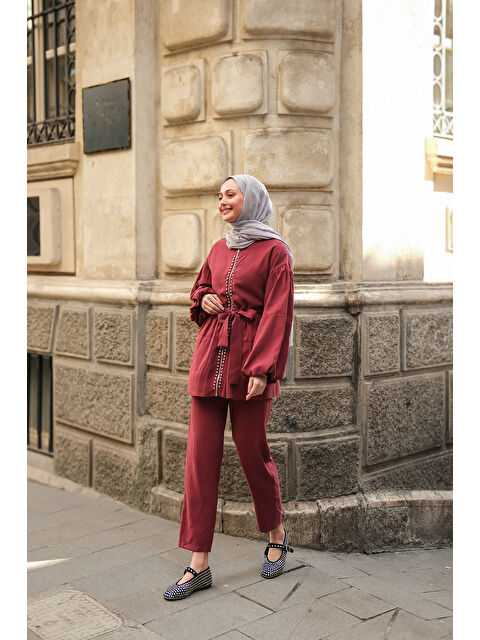 Locco Moda Kadın Fermuarlı Taş Detaylı İkili Takım Bordo - S000361364-19951