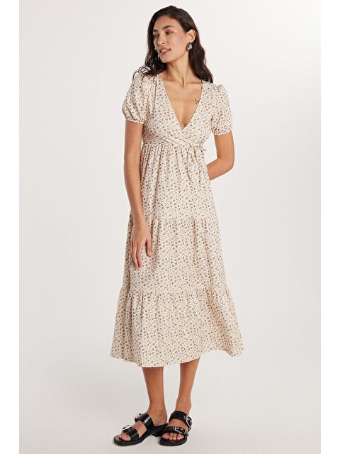 TUDORS Kadın Slim Fit Dar Kesim Kısa Kollu Baskılı V Yaka Elbise - S000520483-23173