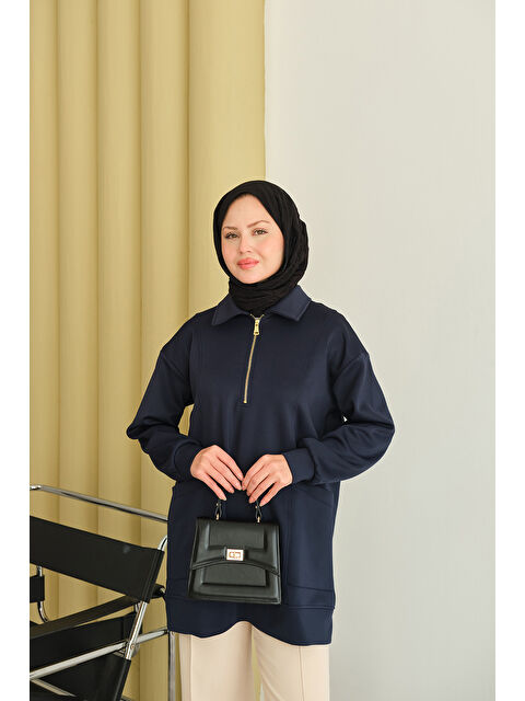 Locco Moda Kadın Cep Ve Yaka Detay Yarım Fermuarlı Sweat Lacivert - S000494470-21164