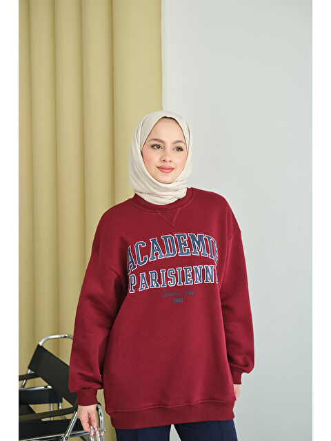 Locco Moda Kadın Yazı Baskılı Nakış İşlemeli Oversize Sweat Bordo - S000494471-19951