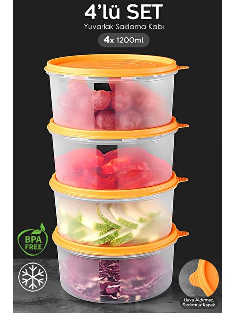 Meleni Home 4'lü Yuvarlak Gıda Saklama Kabı Seti 4x1200 ml Turuncu - S000382871-20013