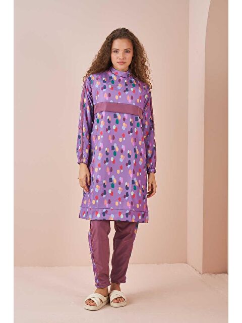 Mevra Puantiye Desen Tesettür Mayo Uzun Lila - S000513479-23370