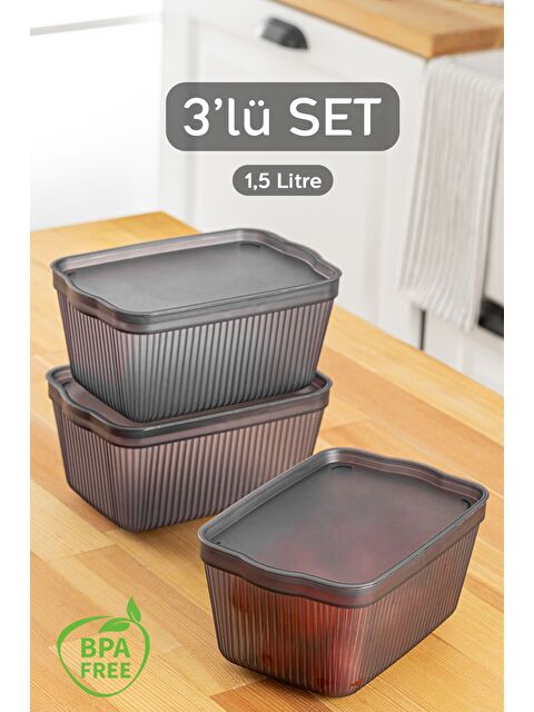 Meleni Home 3'lü Perry Kapaklı Mutfak Buzdolabı Saklama Kabı Çok Amaçlı Mutfak Düzenleme Kutusu Smal 1,5 lt Füme - S000382877-33408