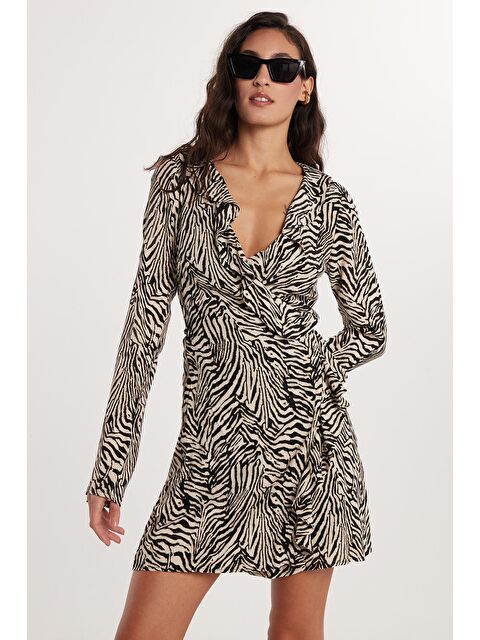 TUDORS Kadın Regular Fit Klasik Kesim Desenli V Yaka Mini Elbise - S000520487-23173