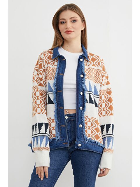 Fullamoda Etnik Desenli Denim Detaylı Triko Ceket - S000483003-19413