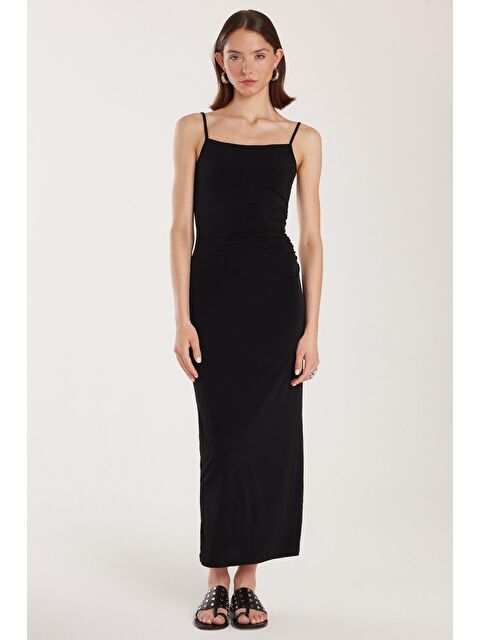 TUDORS Kadın Slim Fit Dar Kesim Esnek U Yaka Midi Siyah Elbise - S000520488-19351