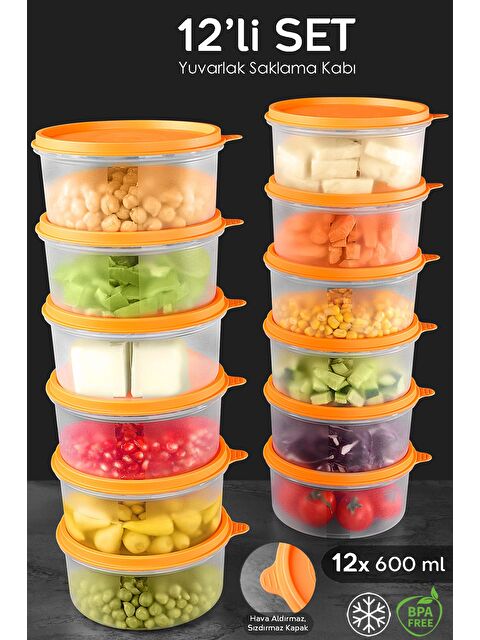 Meleni Home 12'li Yuvarlak Gıda Saklama Kabı Seti 12x600 ml Turuncu - S000382880-20013