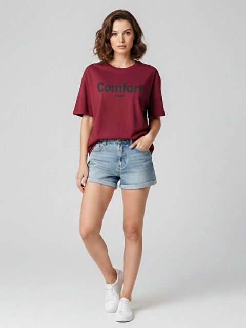 Trendseninle Kadın Bordo Comfort Baskılı Oversize Tişört - S000513363-19951
