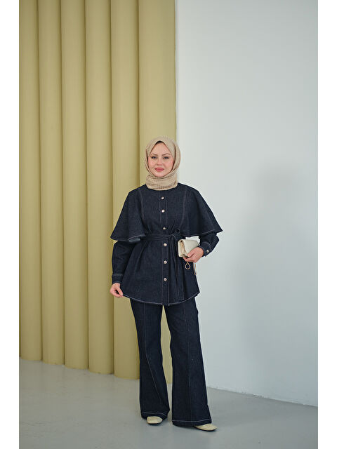 Locco Moda Kadın Omuz Pelerin Detay İkili Takım Lacivert - S000494475-21164