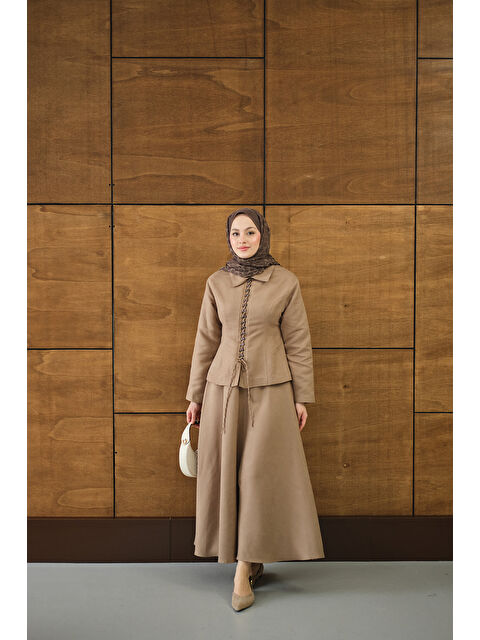 Locco Moda Kadın Bluz Kancalı Nubuk Takım Vizon - S000494476-26429