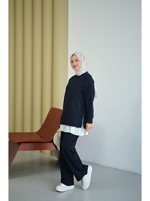 Locco Moda Kadın Yanları Fitilli Fermuarlı Basic Takım Lacivert - S000494477-21164