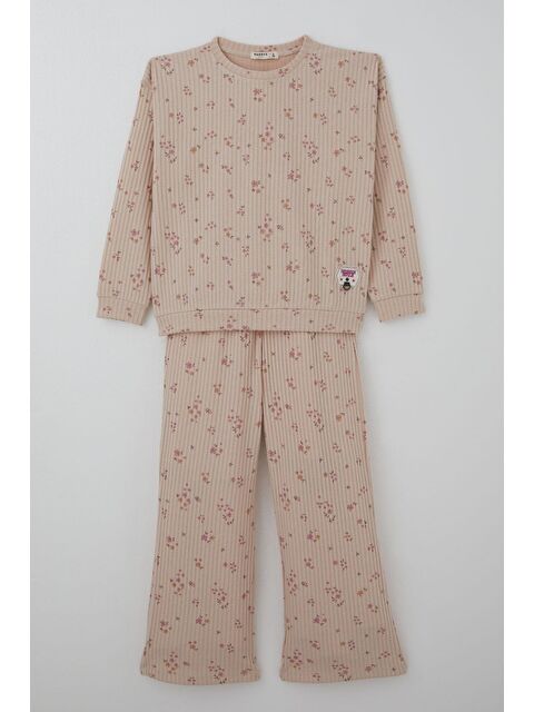 Breeze Kız Çocuk Pantolonlu Takım Çiçek Desenli Pembe Arma Aksesuar Detaylı Pudra (4-8 Yaş) - S000527123-7152