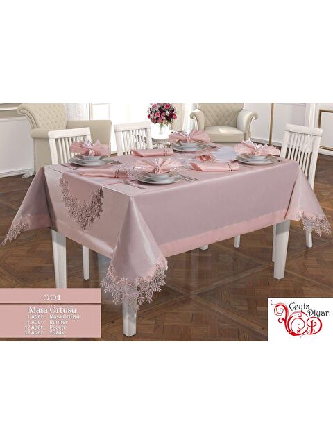 Çeyiz Diyarı Fransız Güpürlü Angel Masa Örtüsü Takımı 26 Parça Pudra - S000489684-7152