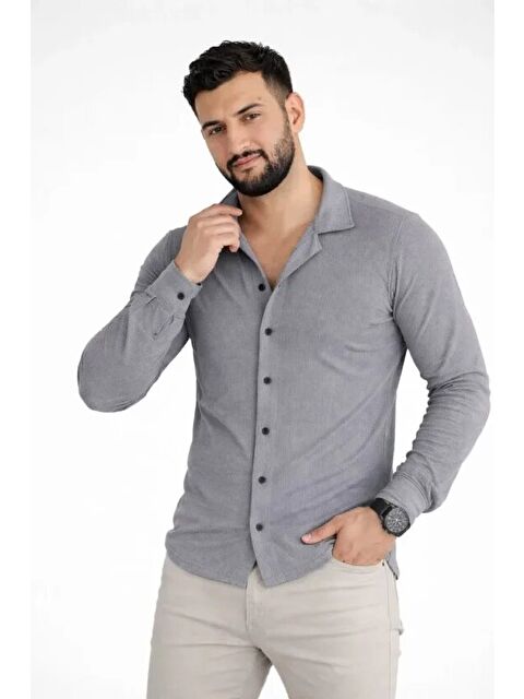 Jane's Erkek Waffle Kumaş Uzun Kollu Düğmeli Açık Yaka Regular Fit Gömlek - Füme